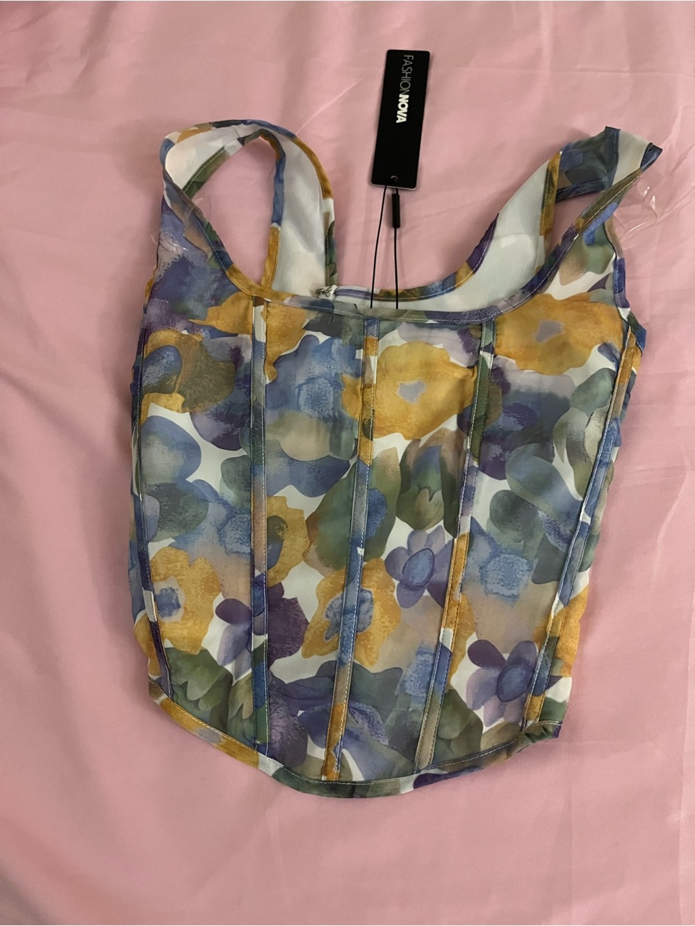 Fashion Nova Floral Mesh Corset Top - Yellow, Blue, Purple
